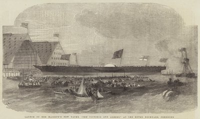 Lansering av Hennes Majestets nye yacht, The Victoria and Albert, ved Royal Dockyard, Pembroke av Edwin Weedon