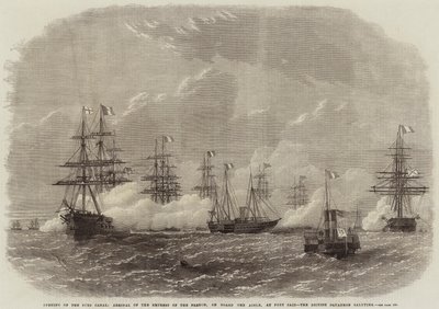Åpning av Suez-kanalen, ankomst til franskmennenes keiserinne, om bord på Aigle, ved Port Said, den britiske skvadronen hilser av Edwin Weedon