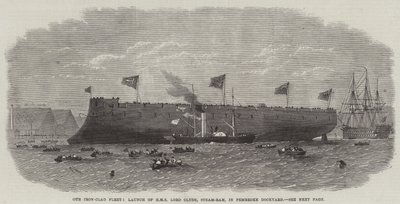 Vår jernkledde flåte, lansering av HMS Lord Clyde, Steam-Ram, i Pembroke Dockyard av Edwin Weedon