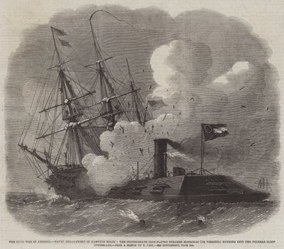Borgerkrigen i Amerika, marineengasjement i Hampton Roads, den konfødererte jernbelagte dampbåten Merrimac (eller Virginia) som løper inn i Federal Sloop Cumberland av Edwin Weedon