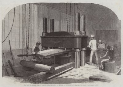 Den nye jernbelagte flåten, bøyer panserplater ved hjelp av hydraulisk trykk på Chatham Dockyard av Edwin Weedon