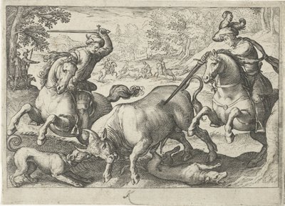 Landskap med oksejakt Jaktscener (serietittel) Icones Venantum Arter Varias Representantes (serietittel) av Egbert Jansz.
