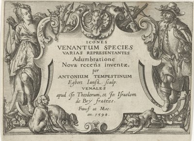 Titteltrykk for en serie med jaktscener Jaktscener (serietittel) Ikoner Venantum Arter Varias Representantes (serietittel på objekt) av Egbert Jansz.