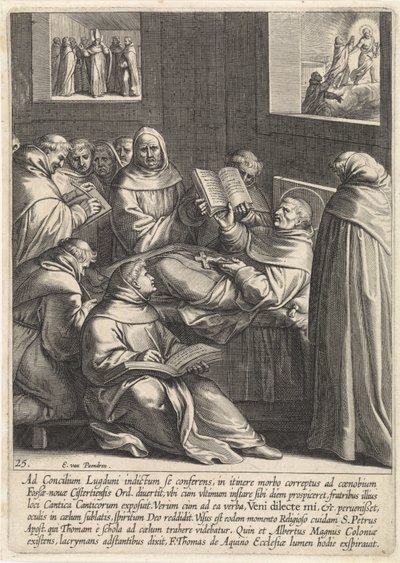 Thomas Aquinas blir syk på vei til det andre konsilet i Lyon The Life of Saint Thomas Aquinas (serietittel) av Egbert van Panderen