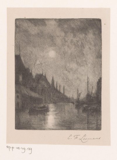 Utsikt over elven i en by om natten av Egide François Leemans (signed by artist)
