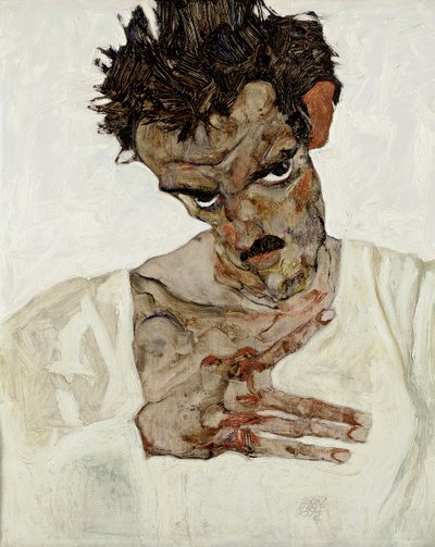 Selvportrett med senket hode. Maleri av Egon Schiele (1890-1918), olje på tre av Egon Schiele