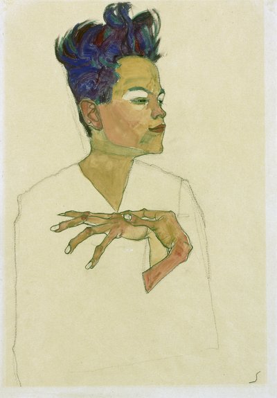 Selvportrett med hendene på brystet. (Selvportrett med hendene på brystet). Verk av Egon Schiele (1890-1918), akvarell og kritt på papir av Egon Schiele