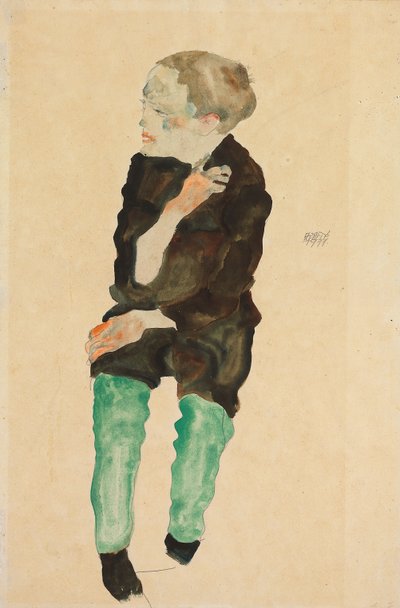 Gutt med grønne strømper; Bub mit grunen Strumpfen, 1911 av Egon Schiele