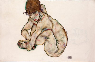 Crouching Naken Girl - Schiele, Egon (1890-1918) - 1914 - Svart kritt, Gouache på papir - 31,5x48,2 - Leopold Museum, Wien av Egon Schiele