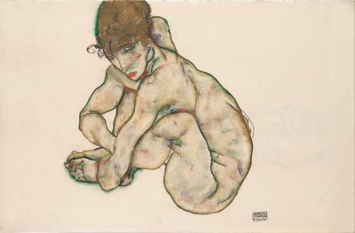 Hukende naken jente, 1914 av Egon Schiele