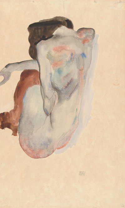 Hukende naken i sko og svarte strømper, sett bakfra, 1912. av Egon Schiele