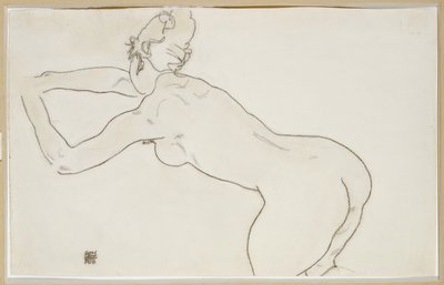 Naken kvinne som kneler og bøyer seg forover mot venstre, 1918 av Egon Schiele