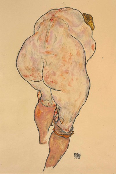 Naken kvinne trekker opp strømper, sett bakfra, 1918. av Egon Schiele
