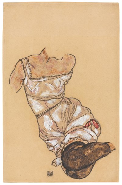 Kvinnelig overkropp i undertøy og svarte strømper; Kvinnelig overkropp i undertøy og sorte strømper, 1917 av Egon Schiele