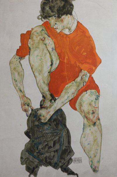Kvinnelig modell i rød kappe, 1914. av Egon Schiele