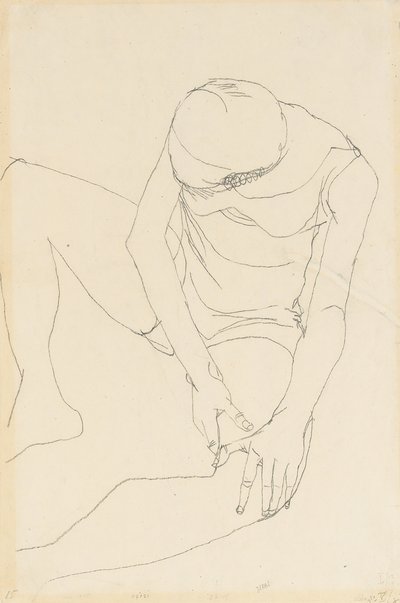 Naken kvinne bøyd fremover, begge hender på venstre lår, 1913 av Egon Schiele