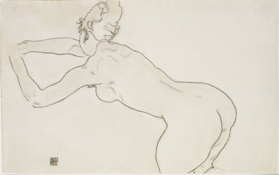 Naken kvinne kneler og bøyer seg fremover til venstre, 1918 av Egon Schiele