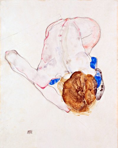 Naken kvinne i blå strømper, lener seg fremover - Gouache på papir av Egon Schiele (1890-1918) av Egon Schiele