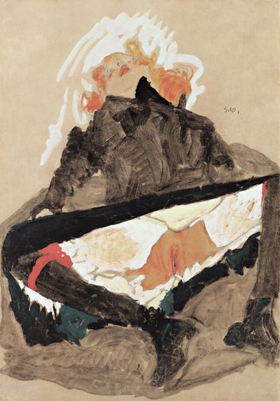 Jente i svart kjole med spredte ben, 1910 av Egon Schiele