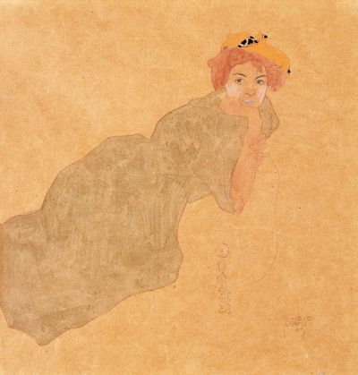 Jente i olivenfarget kjole med støttet arm, 1908 av Egon Schiele