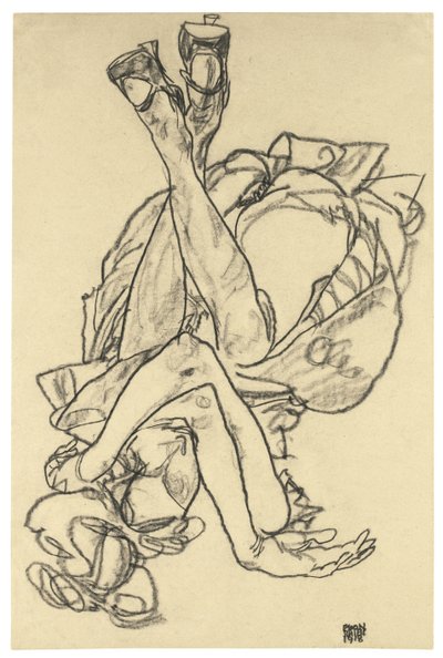 Jente liggende på ryggen med armer og ben i kors, 1918 av Egon Schiele