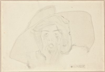 Hodet til en ropende ung kvinne med stor hatt, hake støttet av hender av Egon Schiele