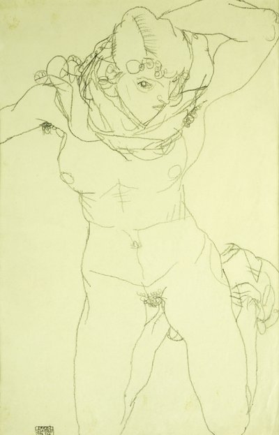Knelende naken fra forsiden; Knelende naken fra fronten, 1914 av Egon Schiele