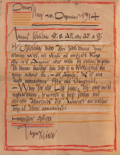 Kunstnerisk utformet brev fra Egon Schiele til søstrene Edith og Adele Harms datert 10. desember 1914 av Egon Schiele
