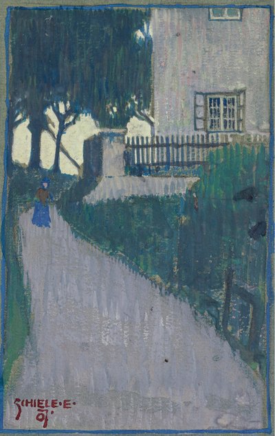 Landskap med hus, trær og kvinnefigur av Schiele, Egon (1890-1918) av Egon Schiele