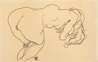 Langhåret naken, fremoverlent, sett bakfra; Langhaariger Akt, vornubergebeugt, Ruckenansicht, 1918 av Egon Schiele