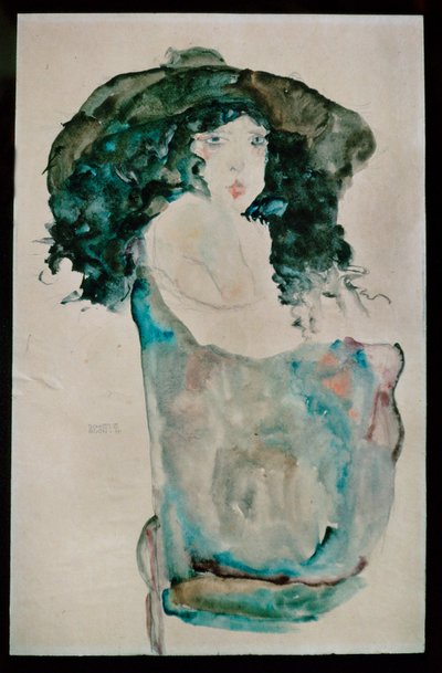 Jente med blåsvart hår og hatt (gouache, akvarell og blyant) av Egon Schiele