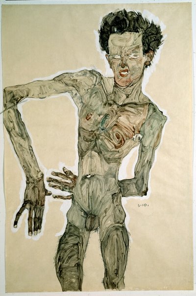 Naken mann (selvportrett). Tegning av Egon Schiele (1890-1918), 1910. Blyant, akvarell og tempera på papir. Mål: 55,7x36,8cm. Wien, Graphische Sammlung Albertina av Egon Schiele