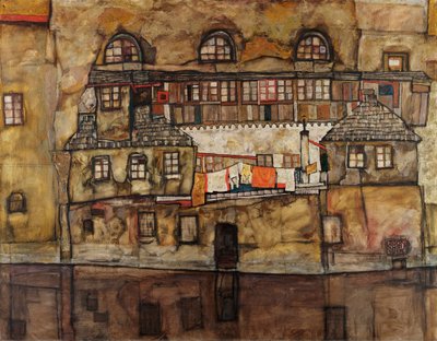 Mur av hus ved elven - Maleri av Egon Schiele (1890-1918), olje på lerret av Egon Schiele