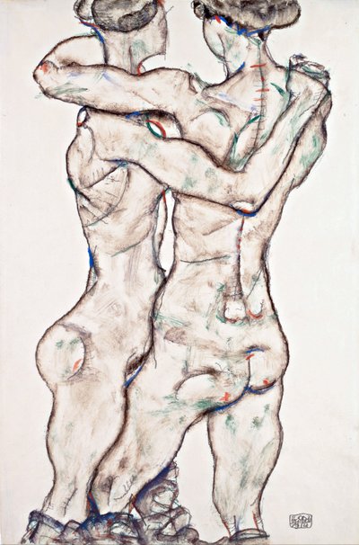 Nakne jenter omfavner - Schiele, Egon (1890-1918) - 1914 - Svart kritt, Gouache på papir - 48x31,2 - Leopold Museum, Wien av Egon Schiele