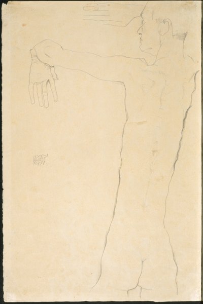 Naken mann med løftede armer (recto) av Egon Schiele