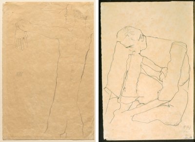 Naken mann med løftede armer (recto) Sittende mann (verso) av Egon Schiele