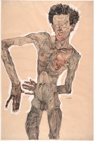 Naken selvportrett, grimasering, 1910 av Egon Schiele