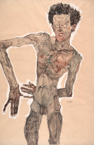 Naken selvportrett, grimaserende av Egon Schiele
