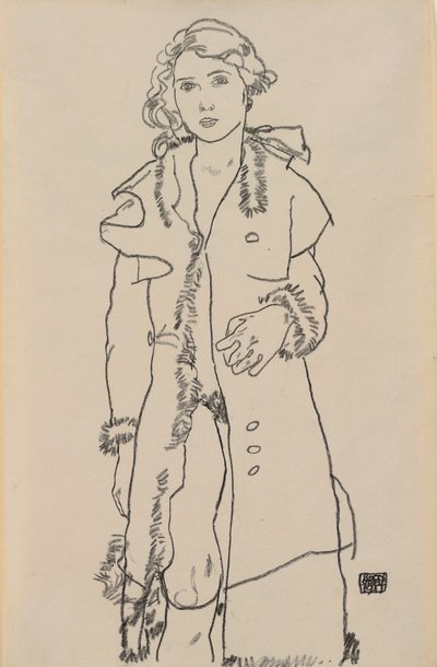 Naken med pelstrimmet pels; Naken jente med pelsstrimmet frakk, 1917 av Egon Schiele