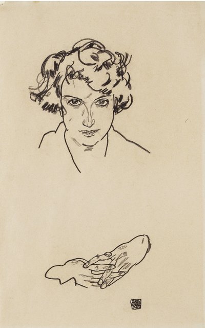 Portrait of a Girl, 1917 (svart fargestift på vevd papir) av Egon Schiele