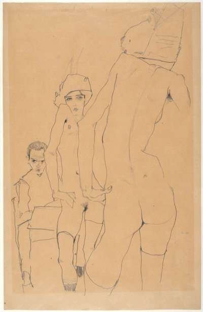 Schiele med nakenmodell foran speilet av Egon Schiele