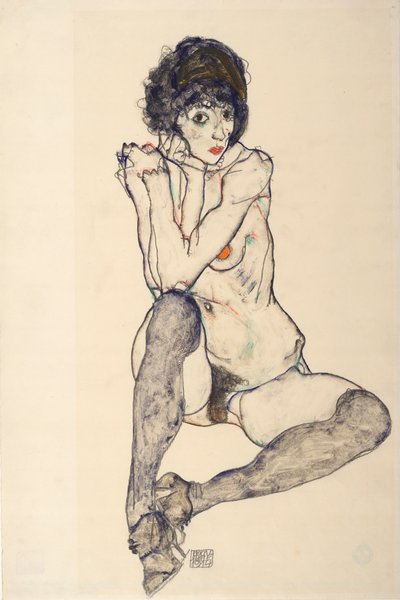 Sittende naken kvinne, albuer hviler på høyre kne, 1914. av Egon Schiele