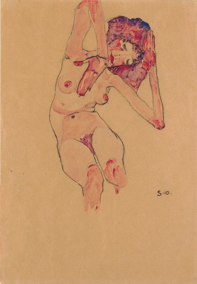 Sittende kvinne naken med bøyd hode og løftede armer; Sittende naken med bøyd hode og armer hevet, 1910 av Egon Schiele