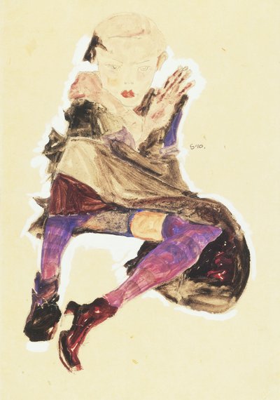 Sittende jente med stripete strømper; Sittende jente med stripete strømper, 1910 av Egon Schiele