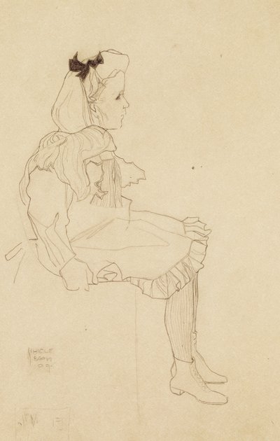 Sittende jente med sløyfe i håret, 1909 av Egon Schiele