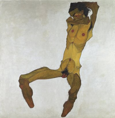 Sittende naken mann (selvportrett) - Schiele, Egon (1890-1918) - 1910 - Olje på lerret - 152,5x150 - Leopold Museum, Wien av Egon Schiele