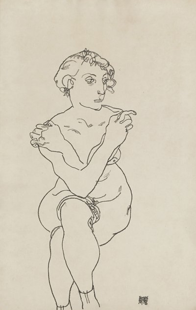 Sittende kvinnelig naken, armer og ben i kors, 1918 av Egon Schiele