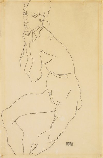 Sittende kvinnelig naken med hånden på haken, 1914 av Egon Schiele