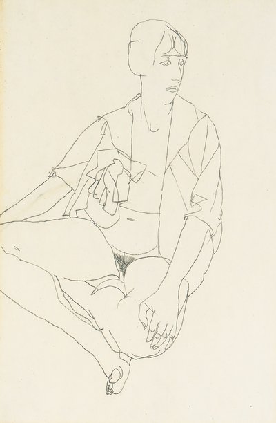 Sittende kvinnelig naken med åpen bluse, 1913 av Egon Schiele