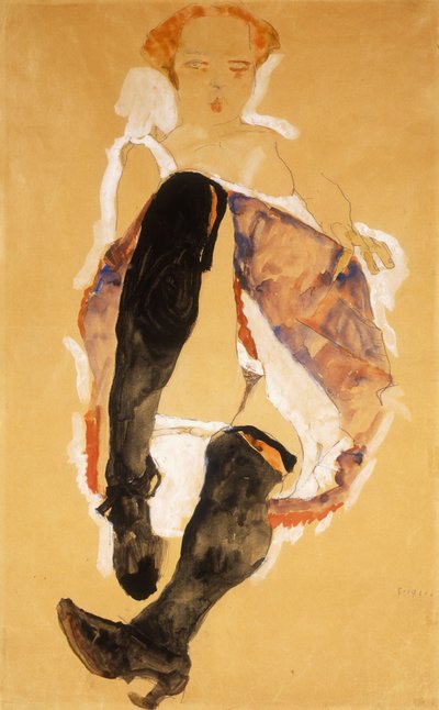 Sittende kvinne med svarte strømper; Sittende jente med svarte strømper, 1911 av Egon Schiele